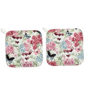 POTHOLDERS, Set of 2, Handmade, Butterflies & Flowers, cream, pink, blue, green